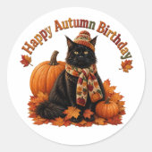 Herfst Verjaardag Zwarte Kat met Hoed Ronde Sticker (Voorkant)