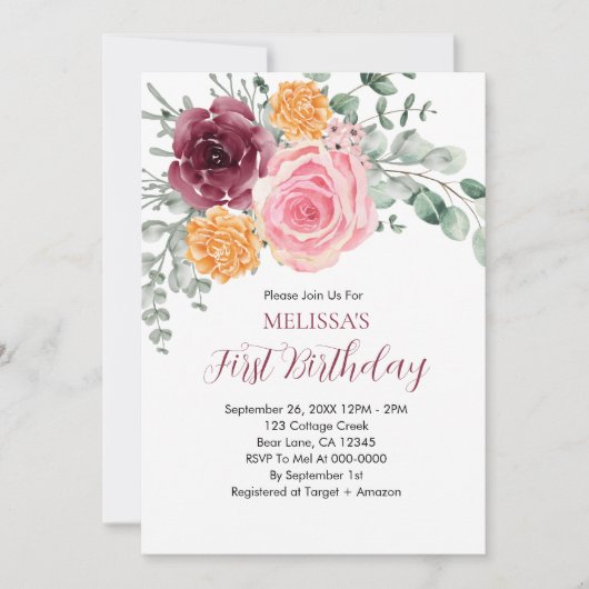 Herfst Verjaardags Meisje Bourgondië Blush Roze Bl Kaart (Voorkant)