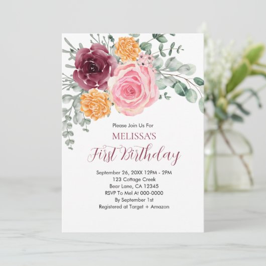 Herfst Verjaardags Meisje Bourgondië Blush Roze Bl Kaart (Staand voorkant)