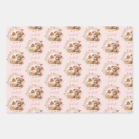 Herfst Verjaardags Meisje Schattige Beer Wildbloem Inpakpapier Vel (Voorkant)