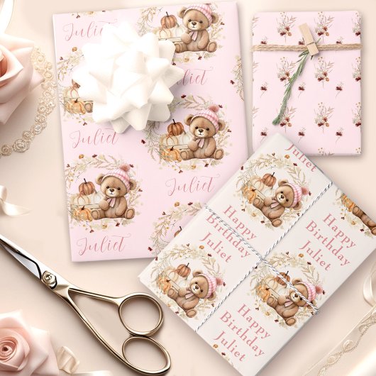 Herfst Verjaardags Meisje Schattige Beer Wildbloem Inpakpapier Vel