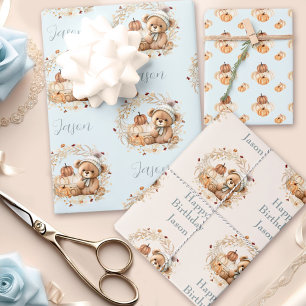 Herfst Verjaardagsjongen Schattige Beer Pompoenen  Inpakpapier Vel