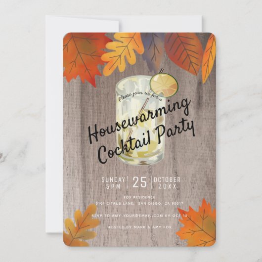 Herfst Verlaat Housewarming Cocktail Party Wood Kaart (Voorkant)