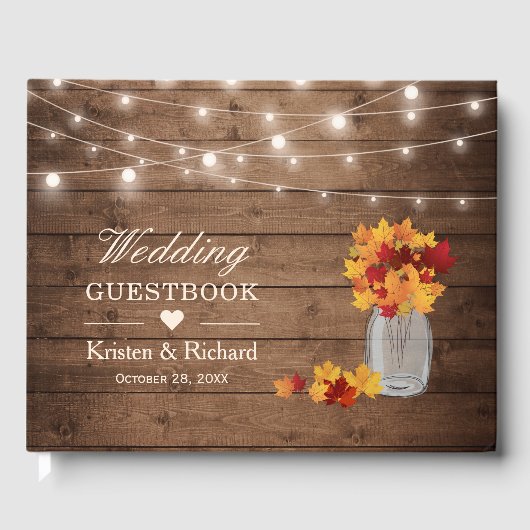 Herfst Verlaat Mason Jar Rustiek Hout Lights Weddi Gastenboek (Voorkant)