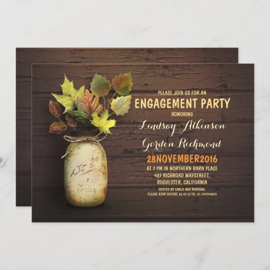 Herfst verlaat metselaarpot rustiek verlovingsfees kaart (Voorkant / Achterkant)