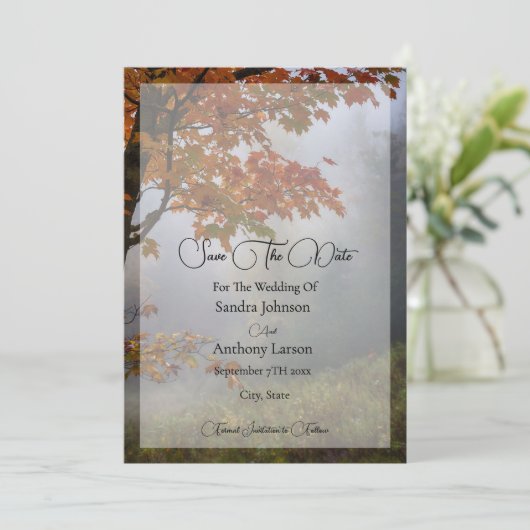 Herfst verlaat rustieke bruiloft save the date (Staand voorkant)