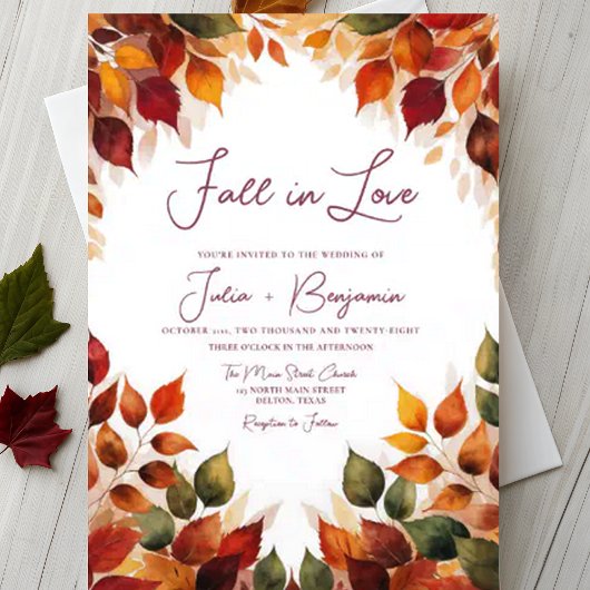 Herfst verlaat Waterverf Herfst in Love Wedding Kaart