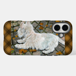 Herfst verlaat Westie op patio iPhone 16 Hoesje