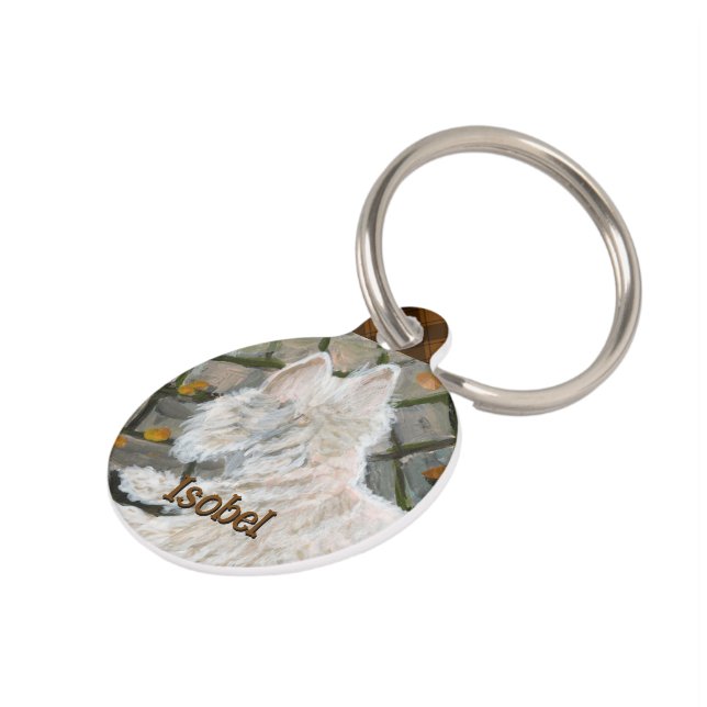 Herfst verlaat Westie op patio Huisdierpenning (Zijkant)