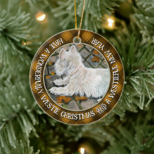 Herfst verlaat Westie op patio Keramisch Ornament
