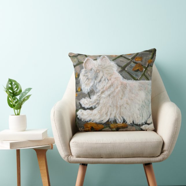 Herfst verlaat Westie op patio Kussen (Stoel)