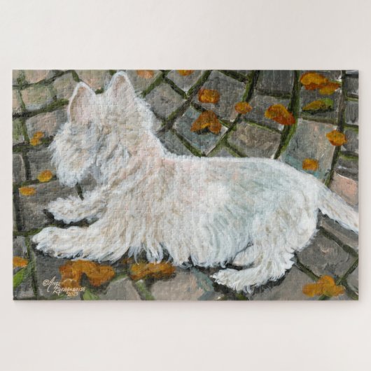 Herfst verlaat Westie op patio Legpuzzel (Horizontaal)