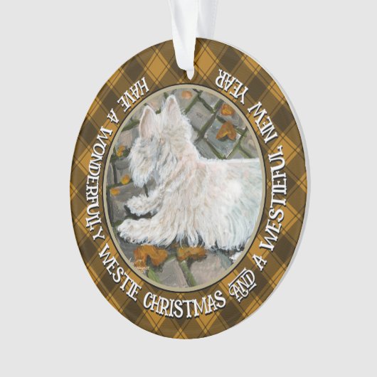 Herfst verlaat Westie op patio Ornament (voorkant)