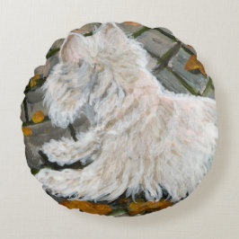 Herfst verlaat Westie op patio Rond Kussen