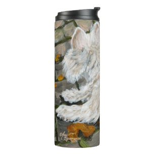 Herfst verlaat Westie op patio Thermosbeker