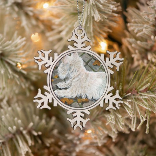 Herfst verlaat Westie op patio Tin Sneeuwvlok Ornament (Boom)