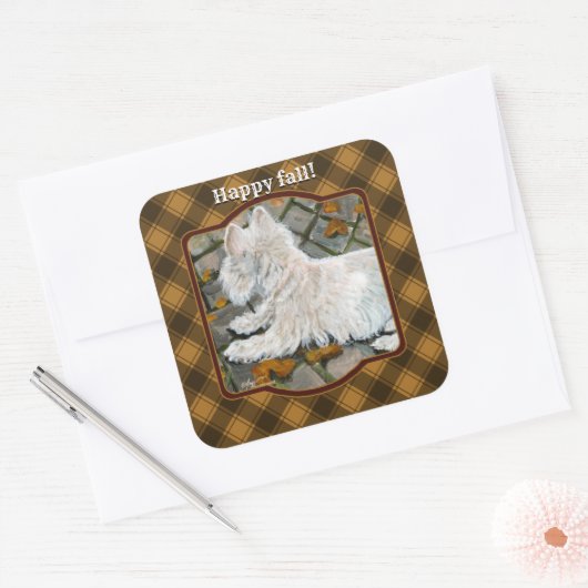 Herfst verlaat Westie op patio Vierkante Sticker (Envelop)