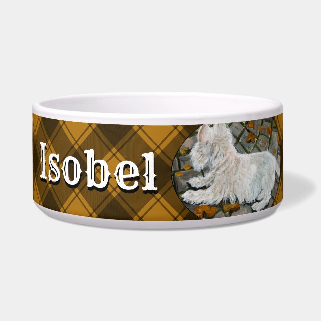 Herfst verlaat Westie op patio Voerbakje (Voorkant)