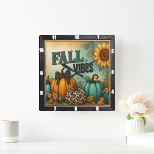 Herfst Vibes Autumn Plaid Pumpkins Vierkante Klok