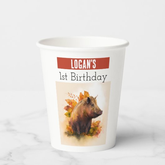 Herfst vibes Boar - 1e verjaardag - Papieren Bekers (Achterkant)