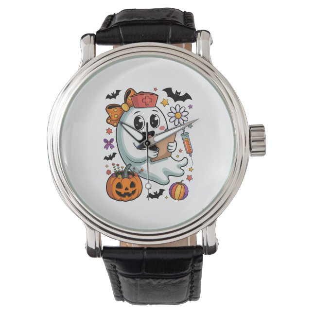 Herfst Vibes Ghost Nurse Autumn Horloge (Voorkant)