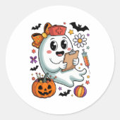 Herfst Vibes Ghost Nurse Autumn Ronde Sticker (Voorkant)