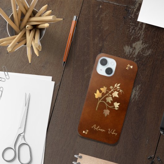 Herfst vibes gouden wijnstok tak bruin leer Case-Mate iPhone case