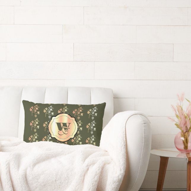 Herfst vibes gouden wijnstok tak op kaki Monogram Kussen (Bank)