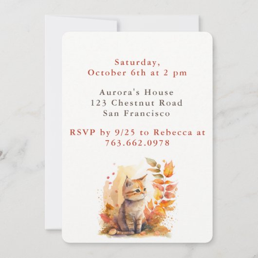 Herfst vibes Kitten - Verjaardagsuitnodiging Kaart (Achterkant)