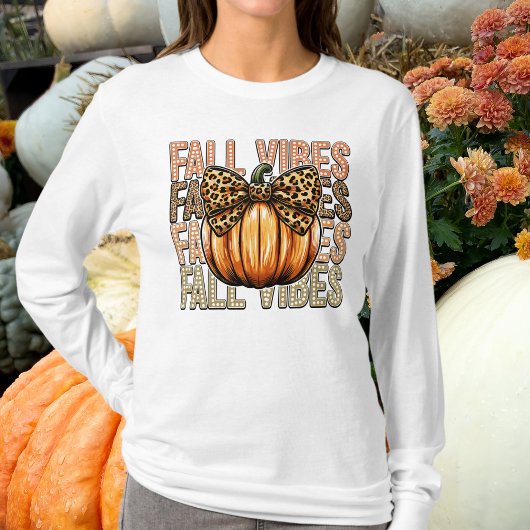 Herfst Vibes Leopard Bow Pumpkin Tshirt met lange
