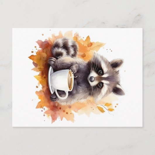 Herfst vibes Raccoon met kopje koffie Briefkaart (Voorkant)