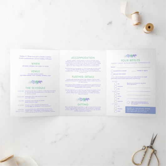 Herfst Vine Blauw Groen waterverf Bruiloft All-in- Drieluik Uitnodiging (Binnen)