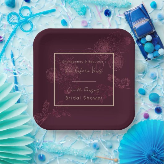 Herfst Vino Voor Vows Rosegold Bloemenlijnen Papieren Bordje (Feest)