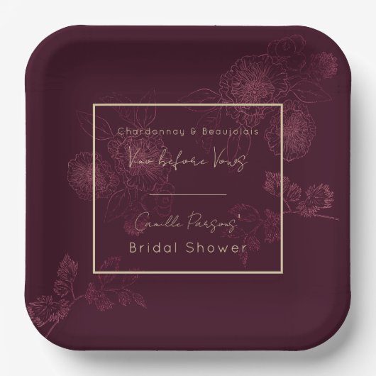 Herfst Vino Voor Vows Rosegold Bloemenlijnen Papieren Bordje (Voorkant)