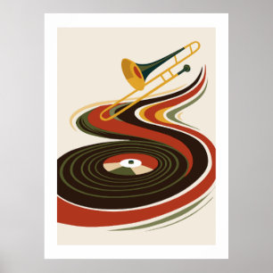 Herfst Vintage Jazz Trombone & Vinylplaat Poster