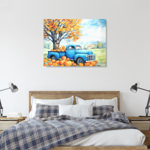 Herfst Vintage Pick-up en Pompoenen 32x24 Canvas Afdruk