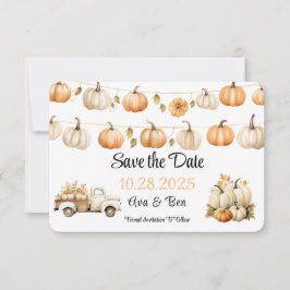 Herfst Vintage Truck met Pompoenen Bruiloft Save The Date