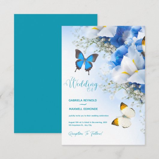 Herfst Vlinder Natuur Blauw Hydrangea Bruiloft Kaart (Voorkant / Achterkant)