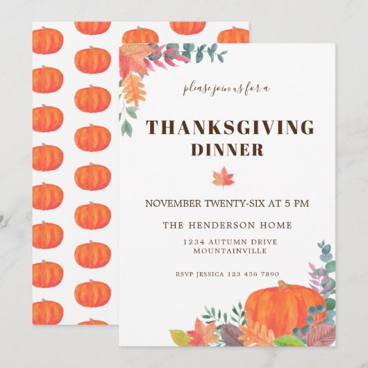 Herfst Vloeiingspomkin Thanksgiving Dinner Kaart (Voorkant / Achterkant)