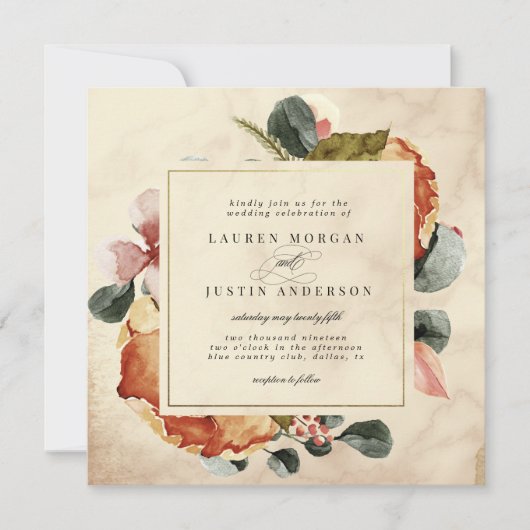Herfst Voel Elegant Bloemen Vierkante Bruiloft Kaart (Voorkant)
