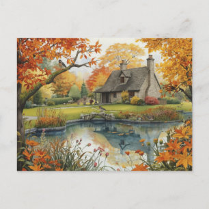 Herfst Vogel Natuur Huis Ansichtkaart Aquarel Briefkaart
