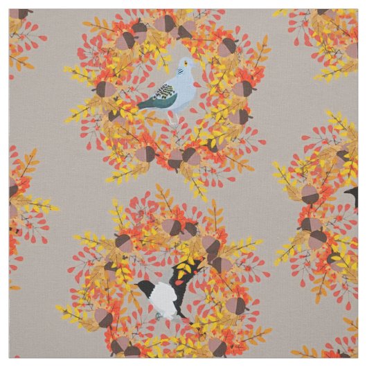 Herfst Vogels en Blad Krans Patroon Stof (Swatch)