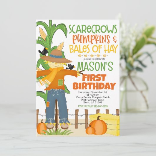 Herfst vogelverschrikker pompoen jongen Verjaardag Kaart (Staand voorkant)