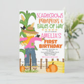 Herfst vogelverschrikker pompoen meisje verjaardag kaart (Staand voorkant)