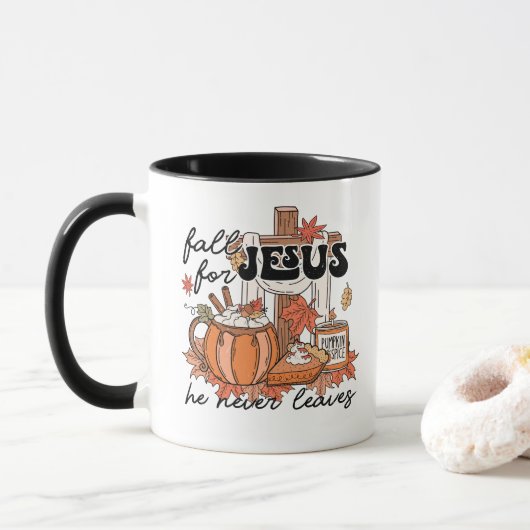 Herfst voor Jezus gaat Hij nooit weg, Christelijke Mok (Met donut)