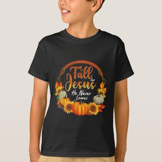 Herfst voor Jezus Hij laat nooit Christelijke gelo T-shirt (Voorkant)