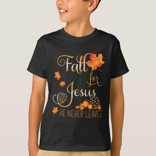 Herfst voor Jezus Hij verlaat nooit najaar Christe T-shirt (Voorkant)