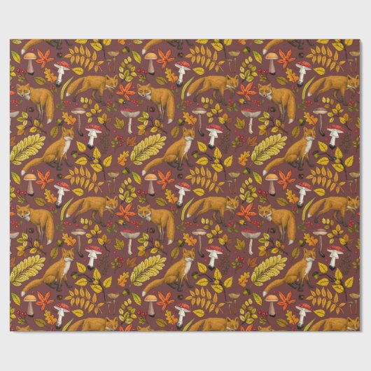 Herfst vossen op chocoladebruin cadeaupapier (Vlak)
