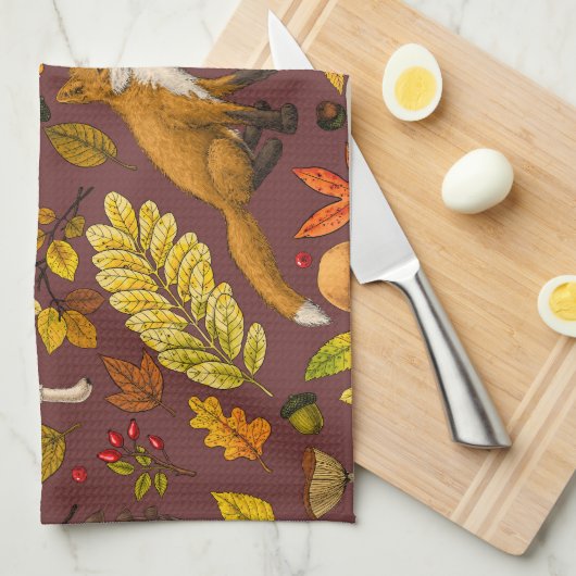 Herfst vossen op chocoladebruin theedoek (Quarter Fold)