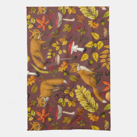 Herfst vossen op chocoladebruin theedoek (Verticaal)